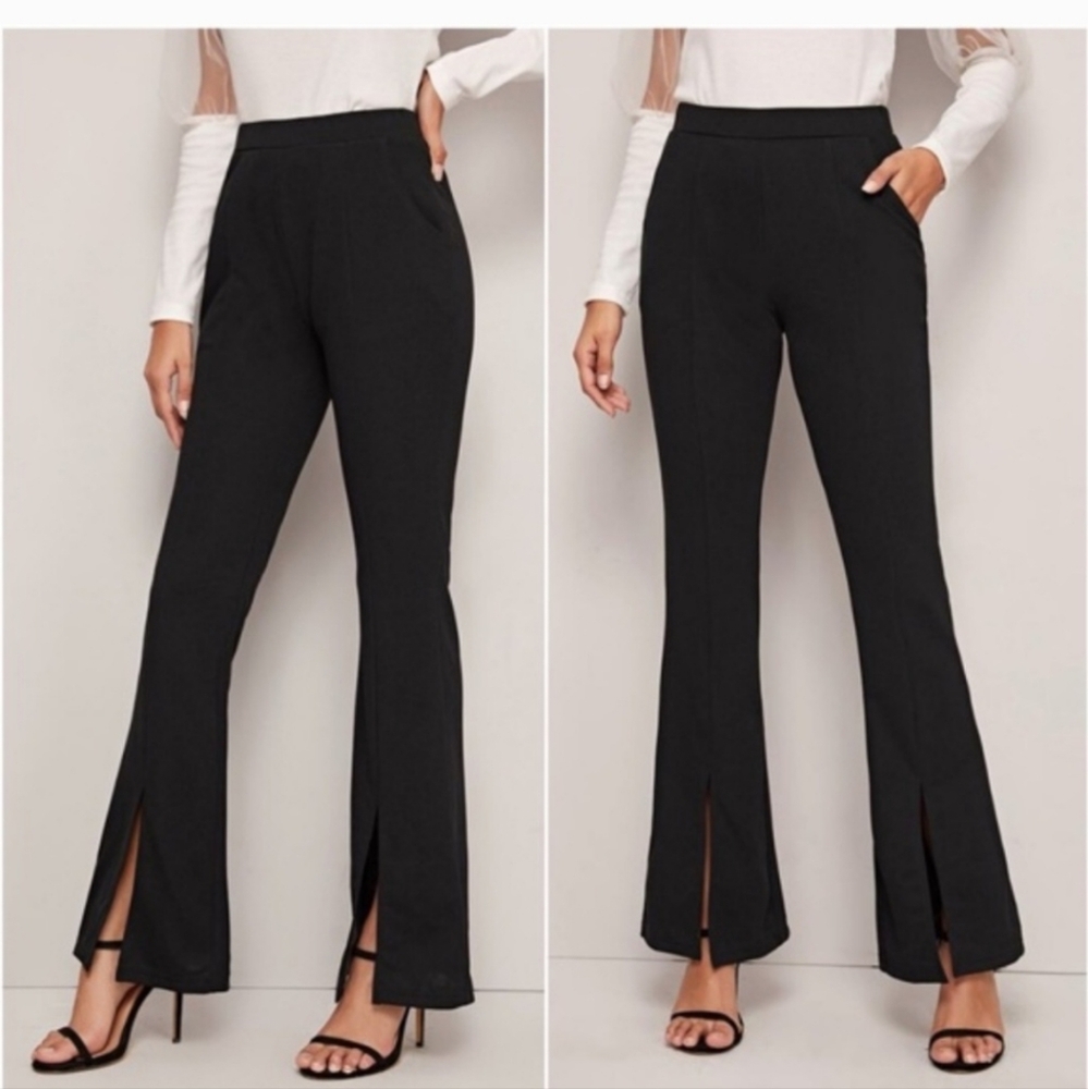 Elevate Your Style: Black High-Waisted Flare Pants with Chic Front Slit